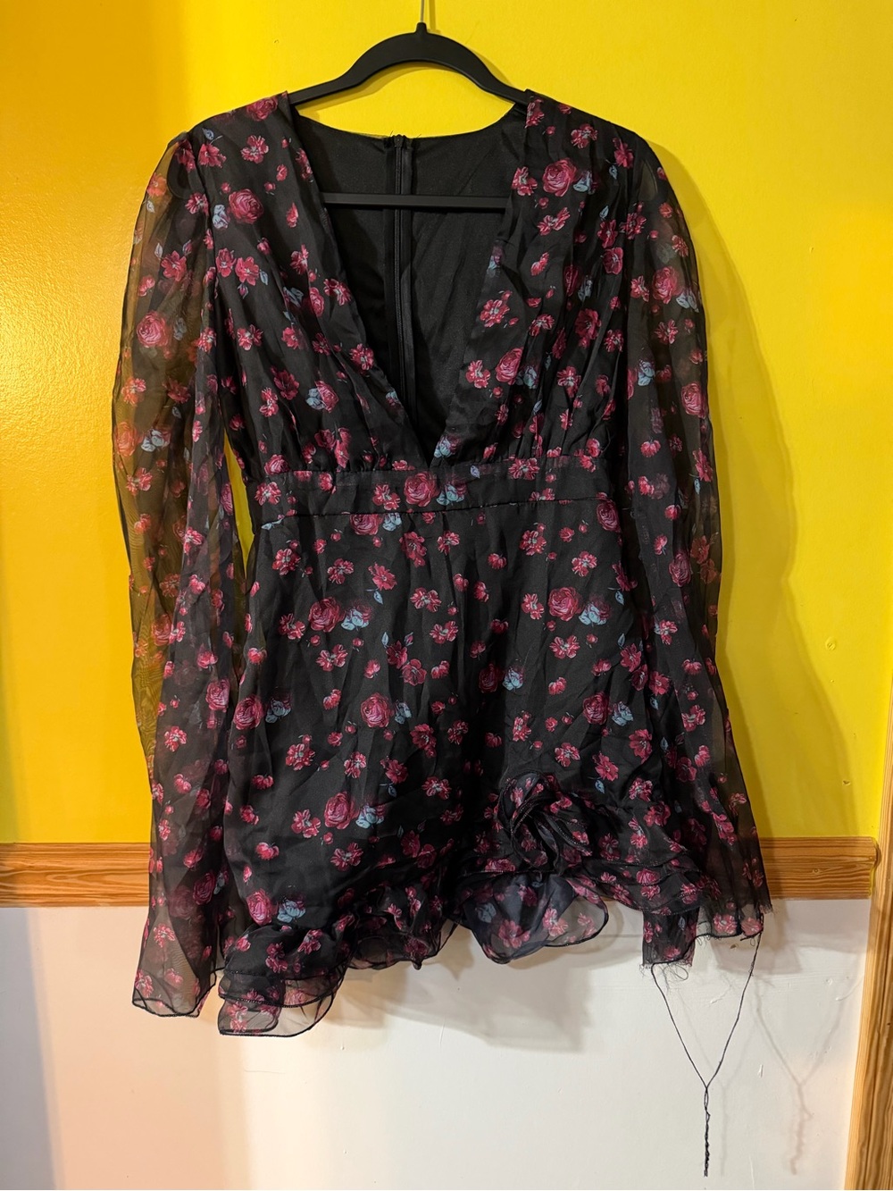 Floral Black & Pink V-Neck Mini Dress